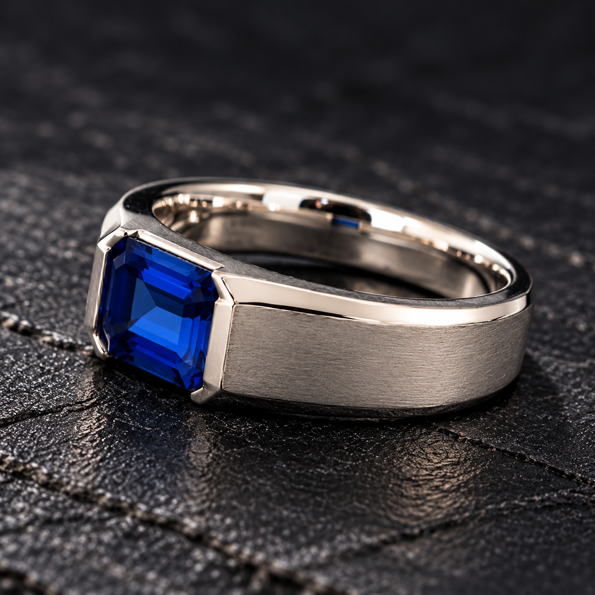 Shop men's Sapphire rings in hypoallergenic 925 Silver. Featuring a genuine 7 × 5 mm emerald-cut Sapphire with a modern brushed finish by BSI Jewelry.