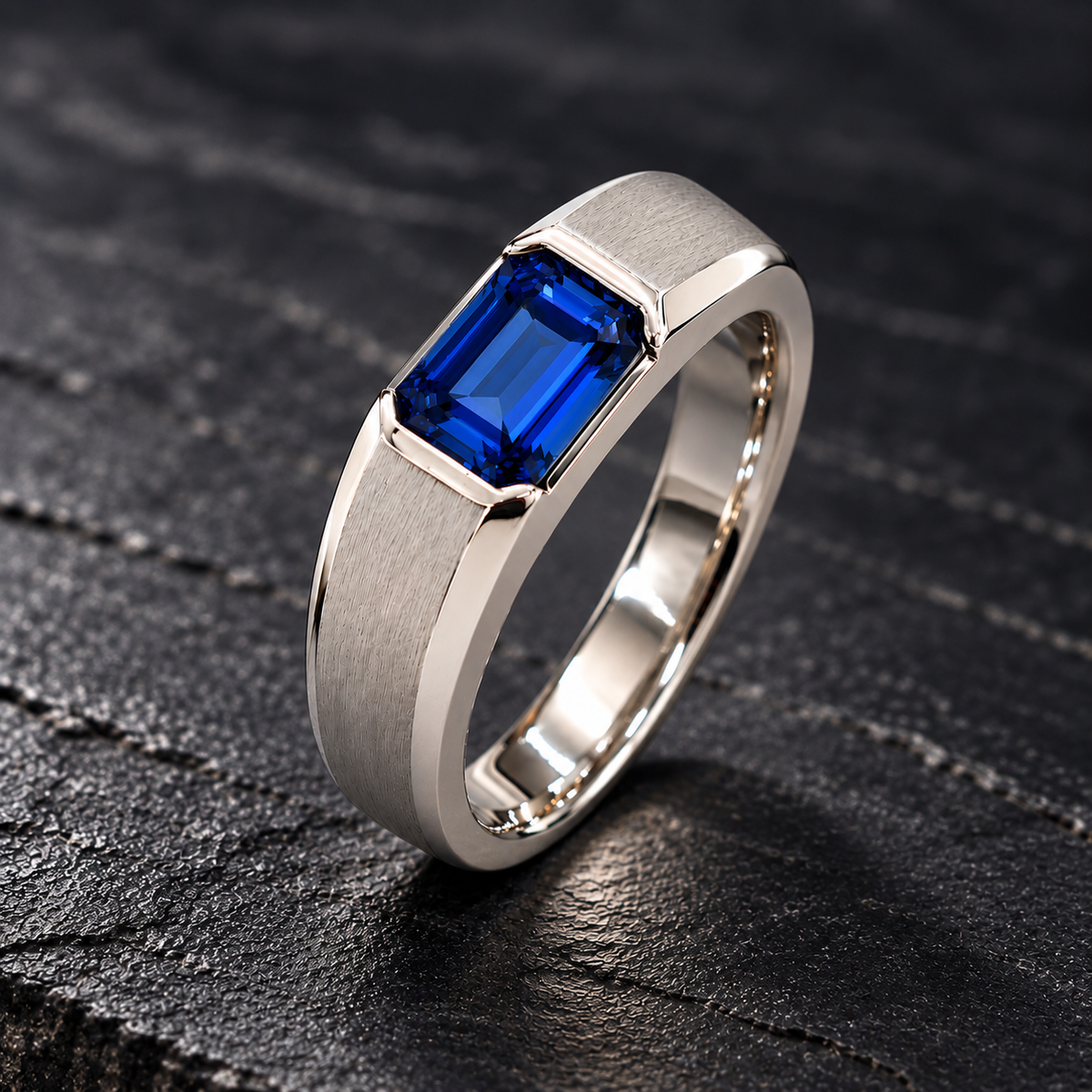 Shop men's Sapphire rings in hypoallergenic 925 Silver. Featuring a genuine 7 × 5 mm emerald-cut Sapphire with a modern brushed finish by BSI Jewelry.