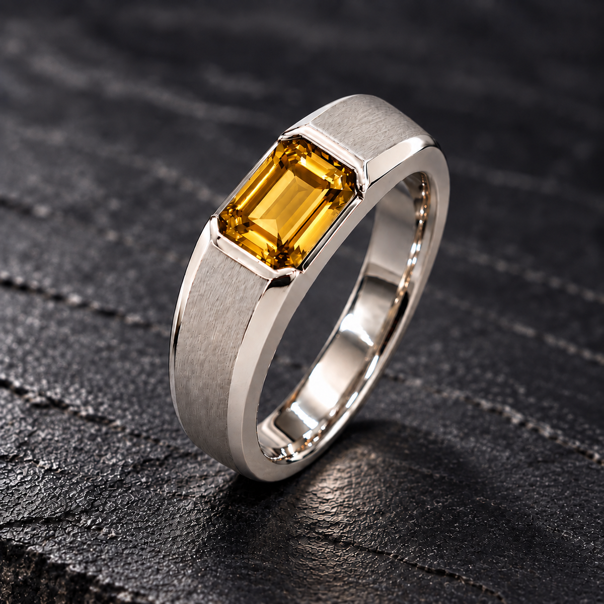 Shop men's Yellow Sapphire rings in hypoallergenic 925 Silver. Featuring a genuine 7 × 5 mm emerald-cut Yellow Sapphire with a modern brushed finish by BSI Jewelry.