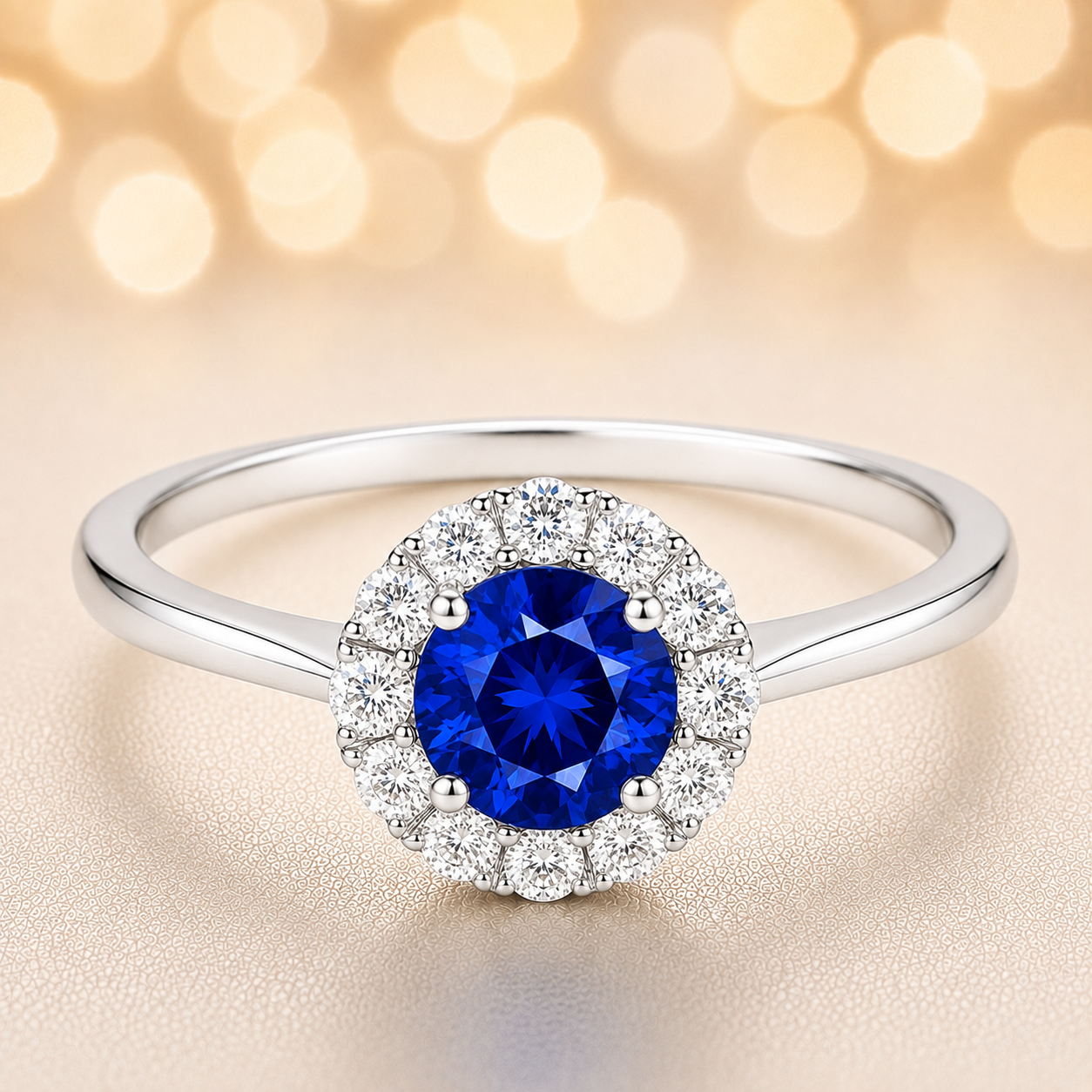4.3 mm blue sapphire halo ring with white Moissanite in white gold-plated hypoallergenic 925 silver. Brilliant, elegant, timeless. Available now at BSI Jewelry.