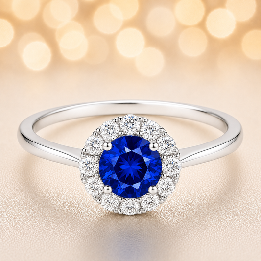 4.3 mm blue sapphire halo ring with white Moissanite in white gold-plated hypoallergenic 925 silver. Brilliant, elegant, timeless. Available now at BSI Jewelry.
