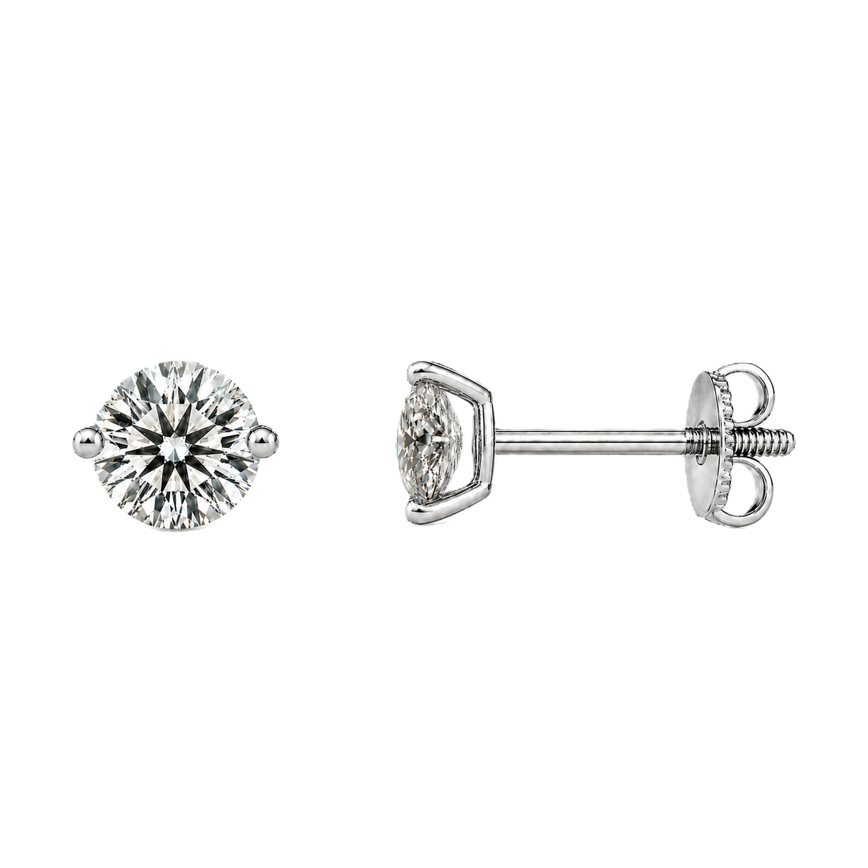 Moissanite 2-prong stud earrings with 3.00mm round stones in white-gold-plated 925 silver. Delicate sparkle and hypoallergenic comfort. Available at BSI Jewelry