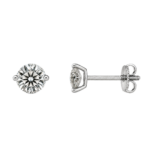 Moissanite 2-prong stud earrings with 3.00mm round stones in white-gold-plated 925 silver. Delicate sparkle and hypoallergenic comfort. Available at BSI Jewelry