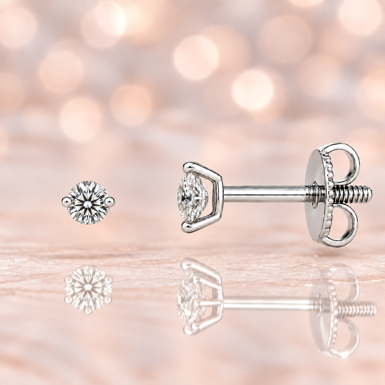 Moissanite 2-prong stud earrings with 3.00mm round stones in white-gold-plated 925 silver. Delicate sparkle and hypoallergenic comfort. Available at BSI Jewelry.