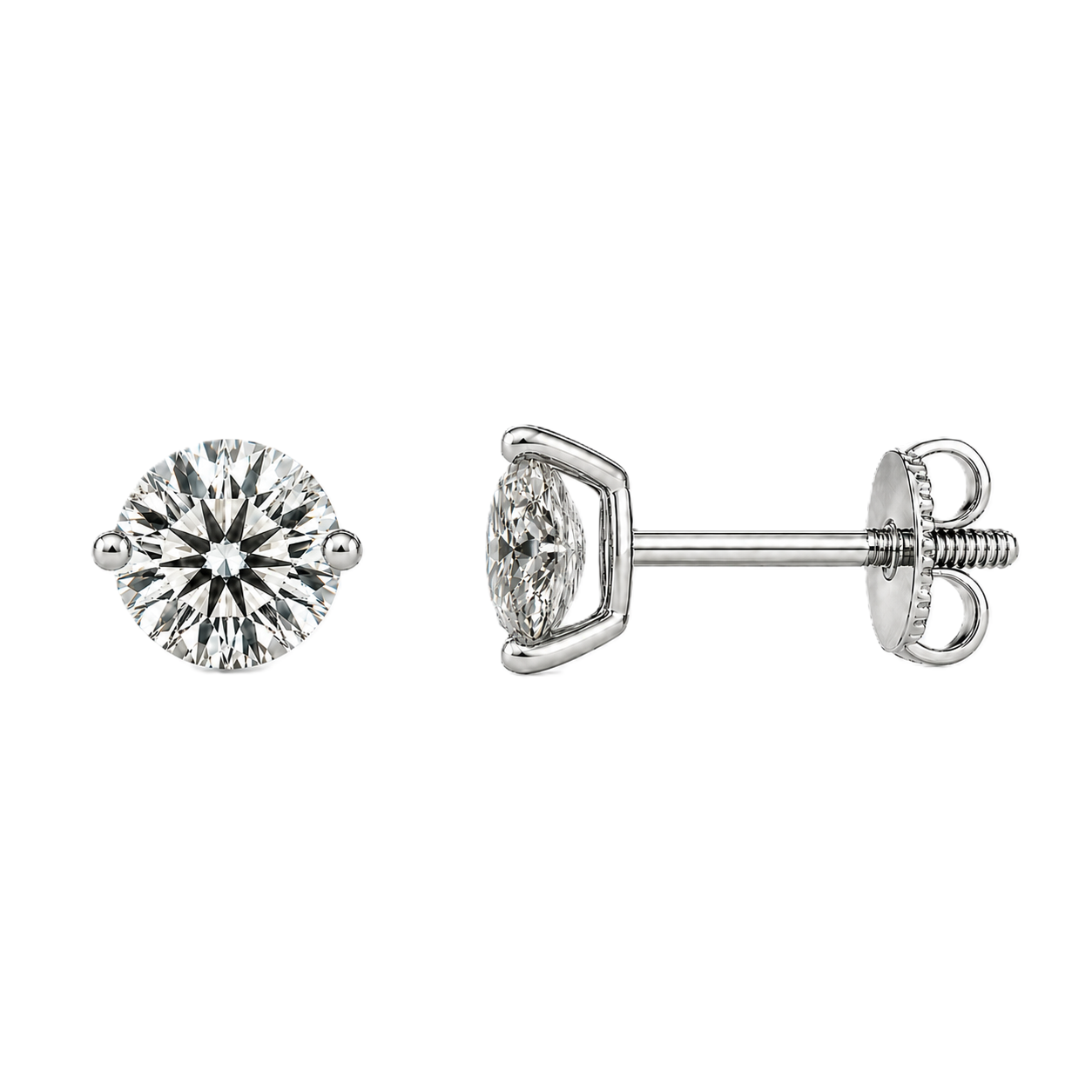 Moissanite 2-prong stud earrings with 3.80mm round stones in white-gold-plated 925 silver. Delicate sparkle and hypoallergenic comfort. Available at BSI Jewelry