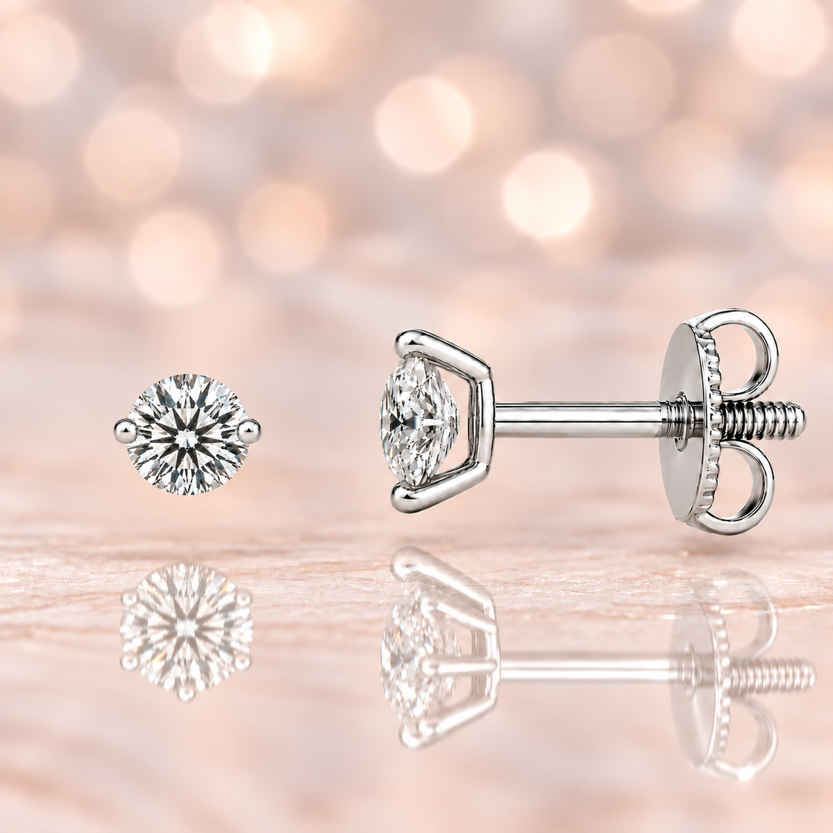 Moissanite 2-prong stud earrings with 3.80mm round stones in white-gold-plated 925 silver. Delicate sparkle and hypoallergenic comfort. Available at BSI Jewelry.