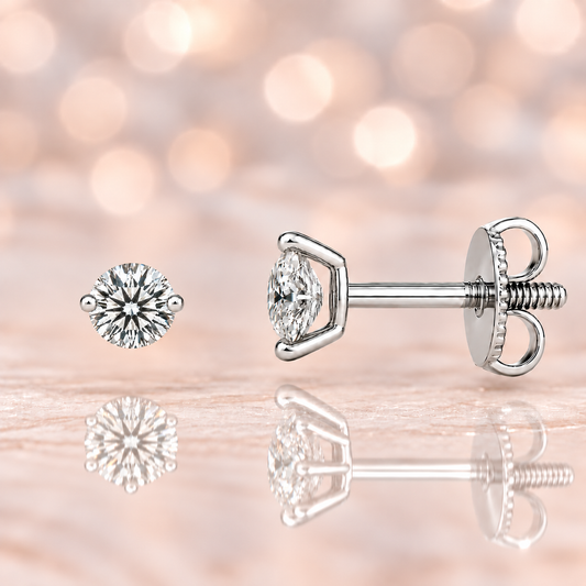 Moissanite 2-prong stud earrings with 3.80mm round stones in white-gold-plated 925 silver. Delicate sparkle and hypoallergenic comfort. Available at BSI Jewelry.