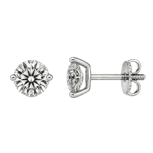 Moissanite 2-prong stud earrings with 4.30mm round stones in white-gold-plated 925 silver. Delicate sparkle and hypoallergenic comfort. Available at BSI Jewelry
