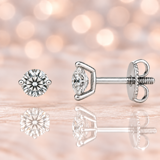 Moissanite 2-prong stud earrings with 4.30mm round stones in white-gold-plated 925 silver. Delicate sparkle and hypoallergenic comfort. Available at BSI Jewelry.