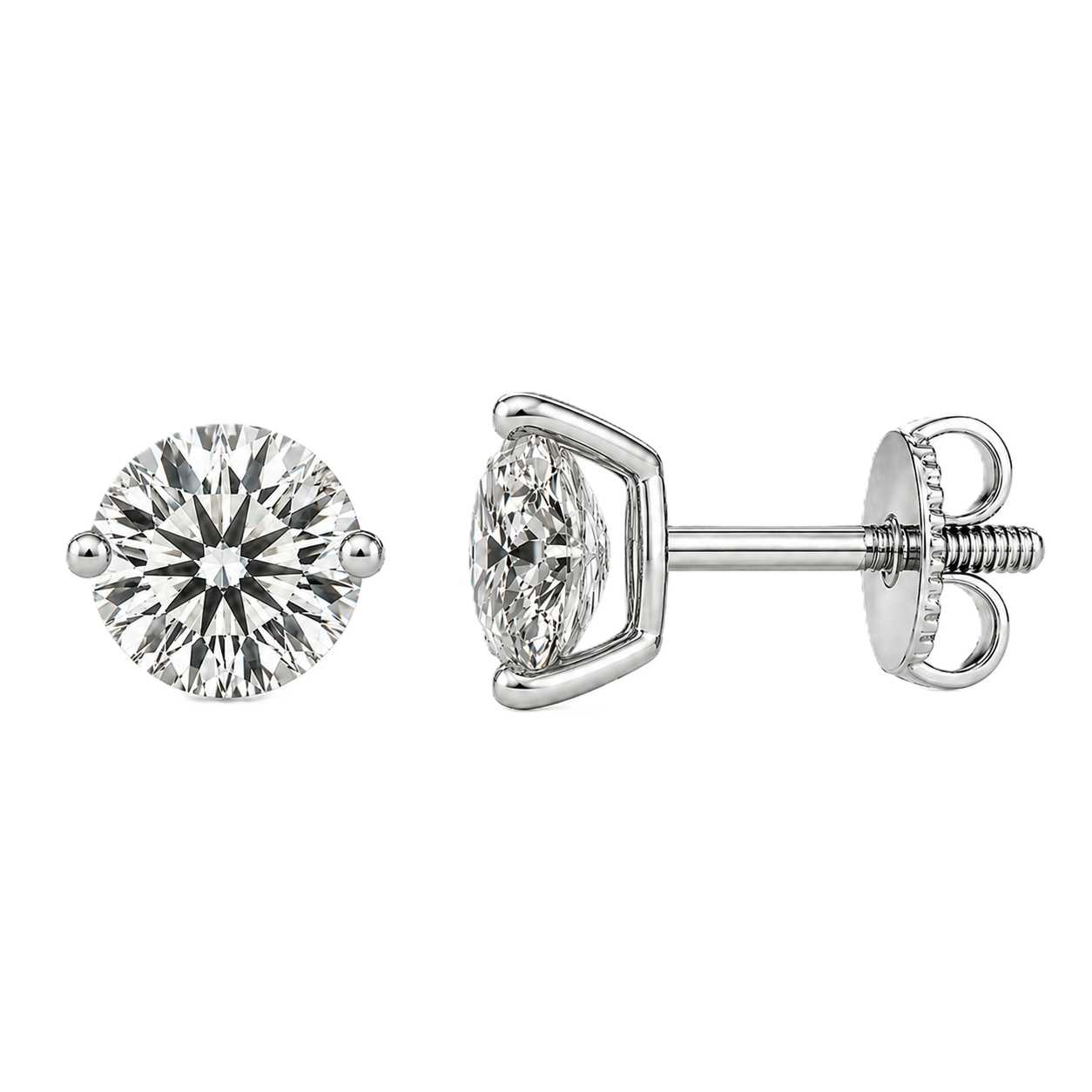Moissanite 2-prong stud earrings with 4.80mm round stones in white-gold-plated 925 silver. Delicate sparkle and hypoallergenic comfort. Available at BSI Jewelry