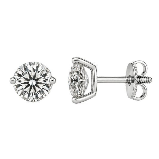 Moissanite 2-prong stud earrings with 4.80mm round stones in white-gold-plated 925 silver. Delicate sparkle and hypoallergenic comfort. Available at BSI Jewelry