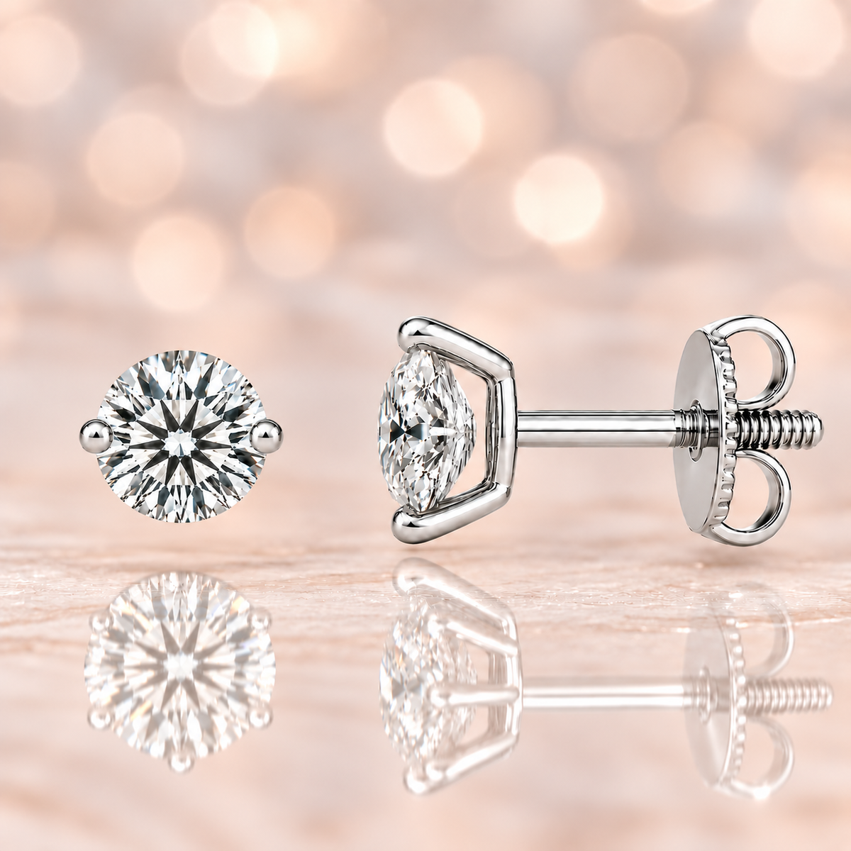 Moissanite 2-prong stud earrings with 4.80mm round stones in white-gold-plated 925 silver. Delicate sparkle and hypoallergenic comfort. Available at BSI Jewelry