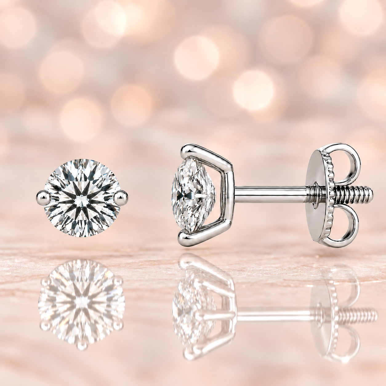 Moissanite 2-prong stud earrings with 4.80mm round stones in white-gold-plated 925 silver. Delicate sparkle and hypoallergenic comfort. Available at BSI Jewelry