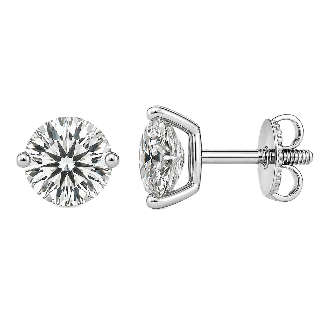 Moissanite 2-prong stud earrings with 5.20mm round stones in white-gold-plated 925 silver. Delicate sparkle and hypoallergenic comfort. Available at BSI Jewelry