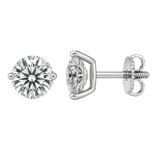 Moissanite 2-prong stud earrings with 5.20mm round stones in white-gold-plated 925 silver. Delicate sparkle and hypoallergenic comfort. Available at BSI Jewelry