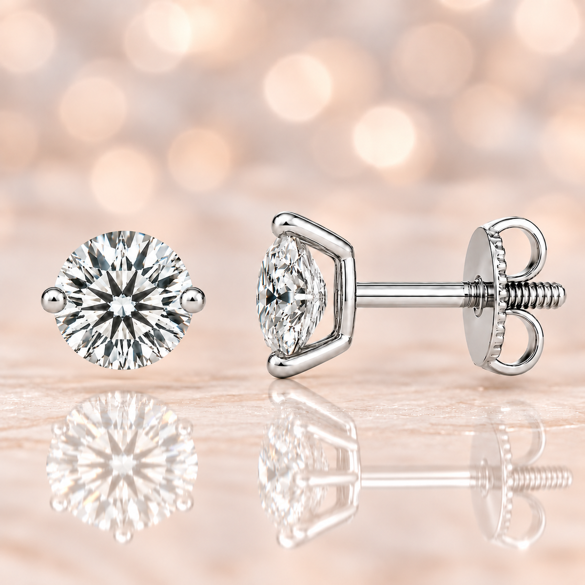 Moissanite 2-prong stud earrings with 5.20mm round stones in white-gold-plated 925 silver. Delicate sparkle and hypoallergenic comfort. Available at BSI Jewelry