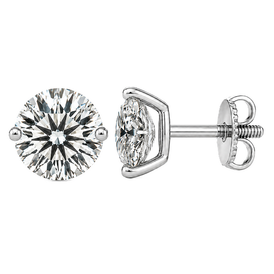 Moissanite 2-prong stud earrings with 6.50mm round stones in white-gold-plated 925 silver. Delicate sparkle and hypoallergenic comfort. Available at BSI Jewelry