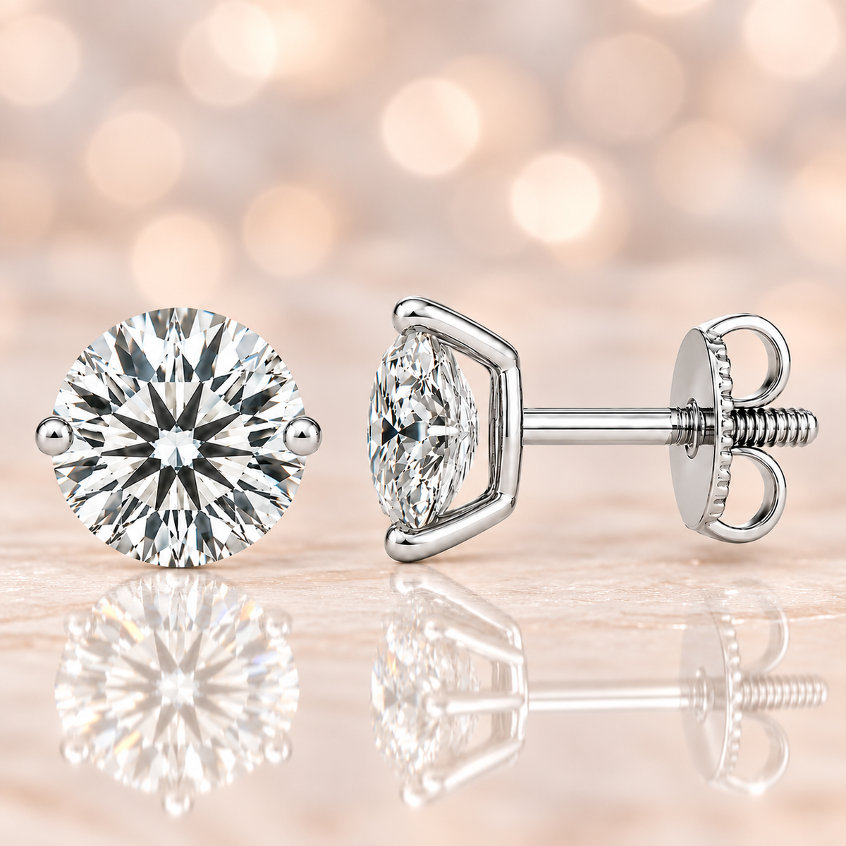 Moissanite 2-prong stud earrings with 6.50mm round stones in white-gold-plated 925 silver. Delicate sparkle and hypoallergenic comfort. Available at BSI Jewelry