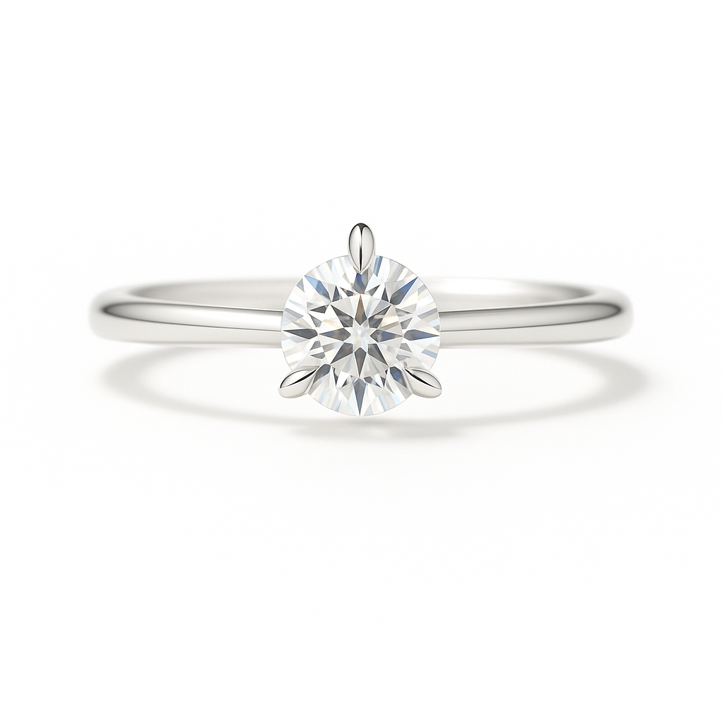 0.10 carat 3 prongs moissanite solitaire ring in white gold-plated 925 silver. Brilliant sparkle and refined elegance for any occasion. Available at BSI Jewelry.