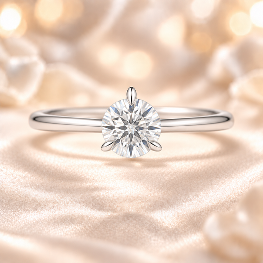 0.10 carat 3 prongs moissanite solitaire ring in white gold-plated 925 silver. Brilliant sparkle and refined elegance for any occasion. Available at BSI Jewelry.