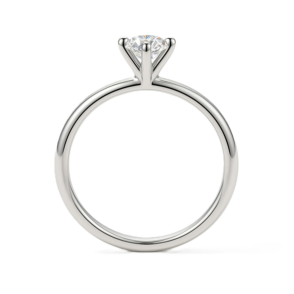 Moissanite 3-prong solitaire ring with 3 mm round stone, crafted in white-gold-plated 925 silver. Timeless sparkle and elegance. Available now at BSI Jewelry.