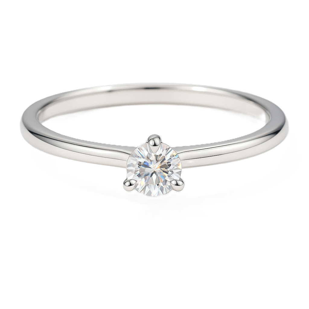 Moissanite 3-prong solitaire ring with 3 mm round stone, crafted in white-gold-plated 925 silver. Timeless sparkle and elegance. Available now at BSI Jewelry.