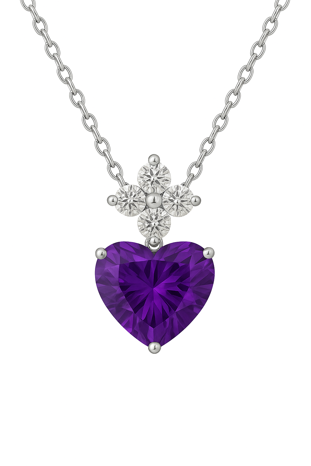 Radiant 7mm heart-cut Amethyst necklace with Moissanite accents in white-gold-plated 925 silver. Bold elegance with refined brilliance. Available at BSI Jewelry.