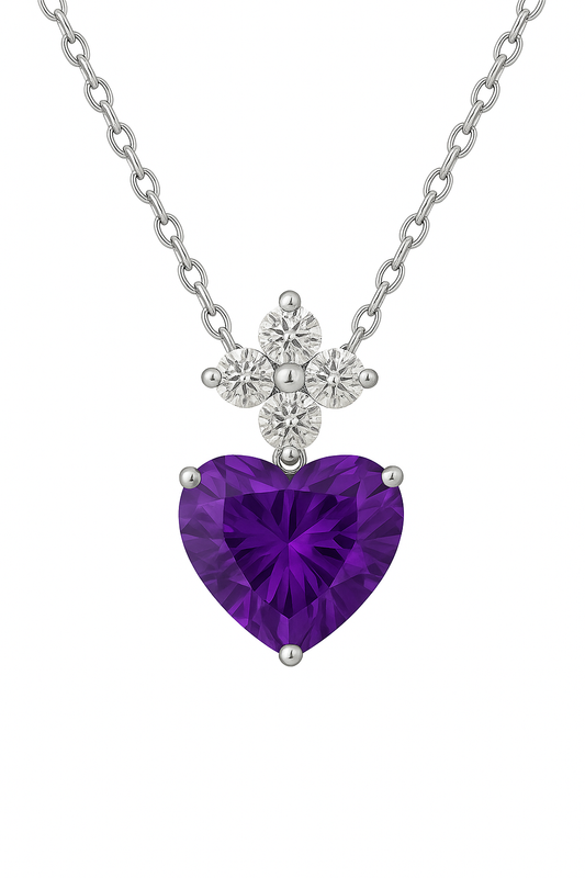 Radiant 7mm heart-cut Amethyst necklace with Moissanite accents in white-gold-plated 925 silver. Bold elegance with refined brilliance. Available at BSI Jewelry.