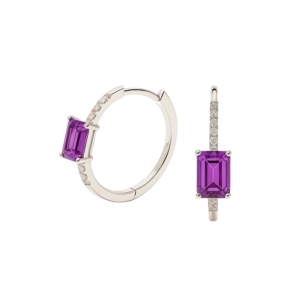 Vibrant amethyst and Moissanite huggie earrings with 6×4 mm emerald-cut stones in white gold-plated 925 silver. Hypoallergenic comfort. Now at BSI Jewelry.