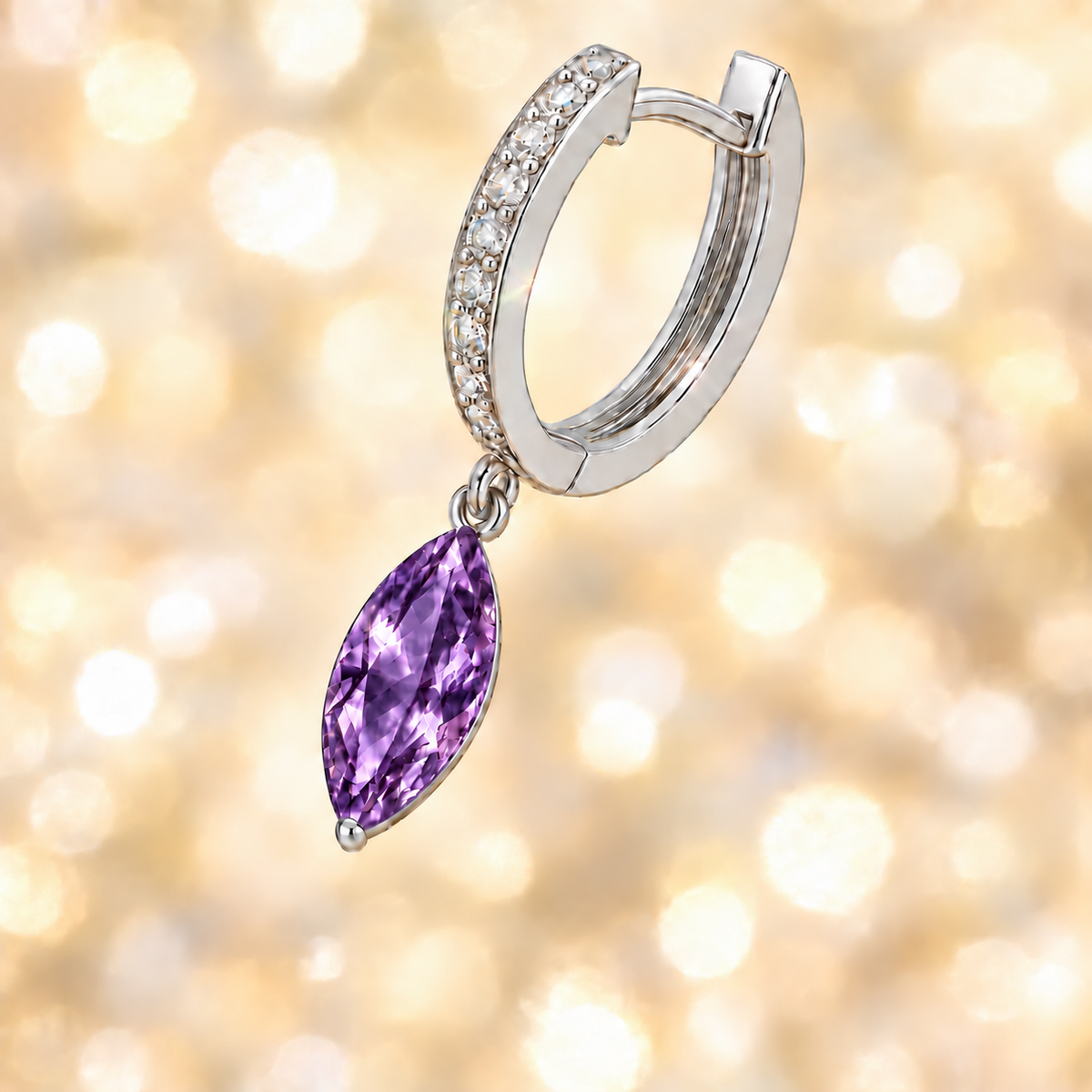 Amethyst huggie earrings with 8x4 mm marquise cut, crafted in white gold-plated 925 silver and accented with Moissanite. Available now at BSI Jewelry.