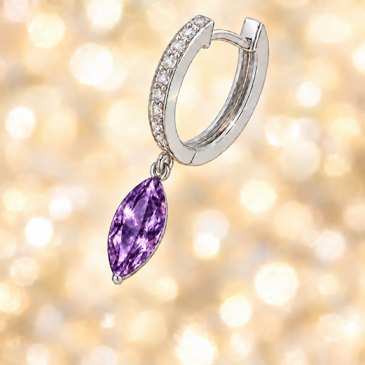 Amethyst huggie earrings with 8x4 mm marquise cut, crafted in white gold-plated 925 silver and accented with Moissanite. Available now at BSI Jewelry.