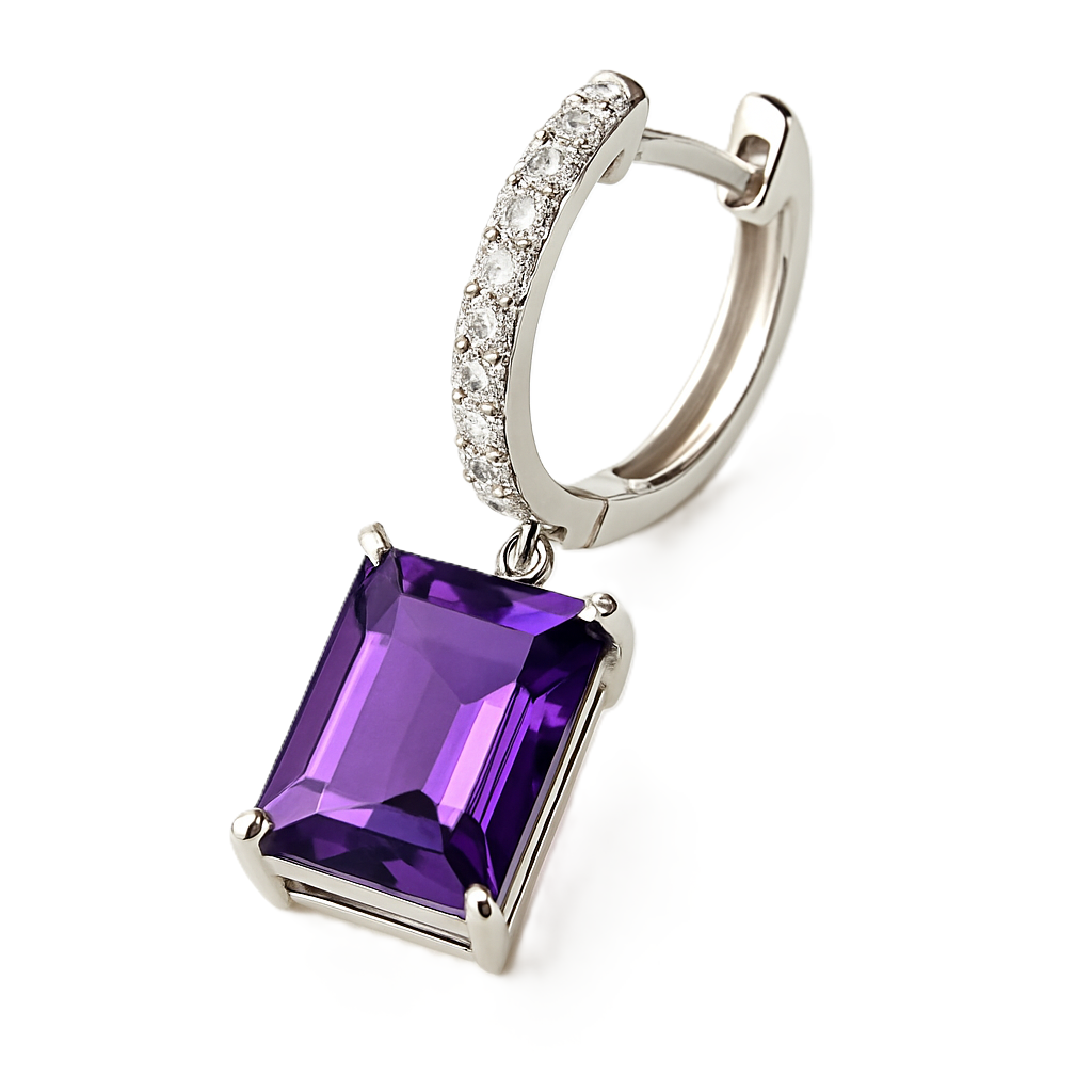 Moissanite & Amethyst Huggie Earrings, 8×6 mm emerald cut, crafted in white gold-plated 925 silver. Elegant and hypoallergenic. Available now at BSI Jewelry.