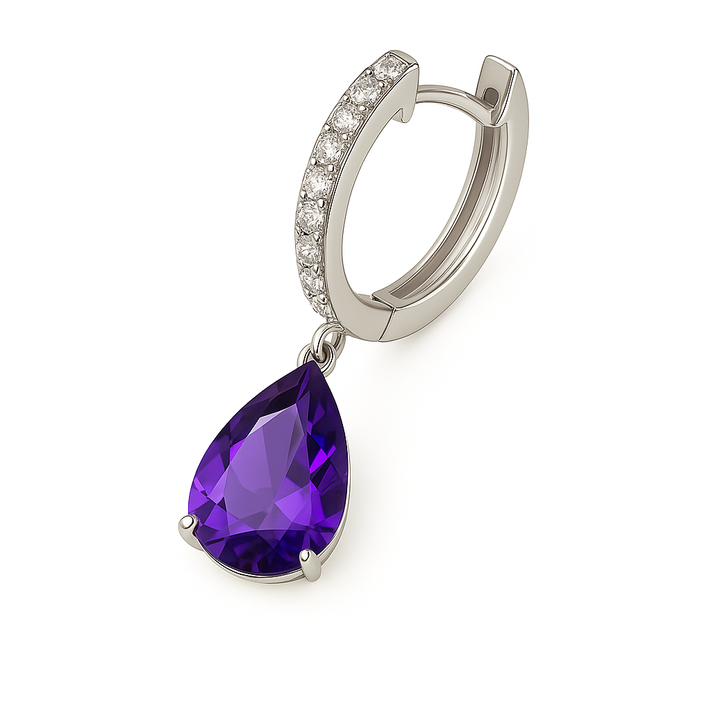 Moissanite & Amethyst Huggie Earrings, 8×6 mm pear cut, crafted in white gold-plated 925 silver. Elegant and hypoallergenic. Available now at BSI Jewelry.