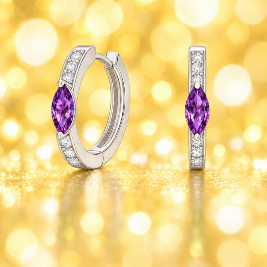 Huggie earrings with Amethyst marquise and Moissanite accents in white gold-plated 925 silver. Hypoallergenic, safe to wear. Available now at BSI Jewelry.
