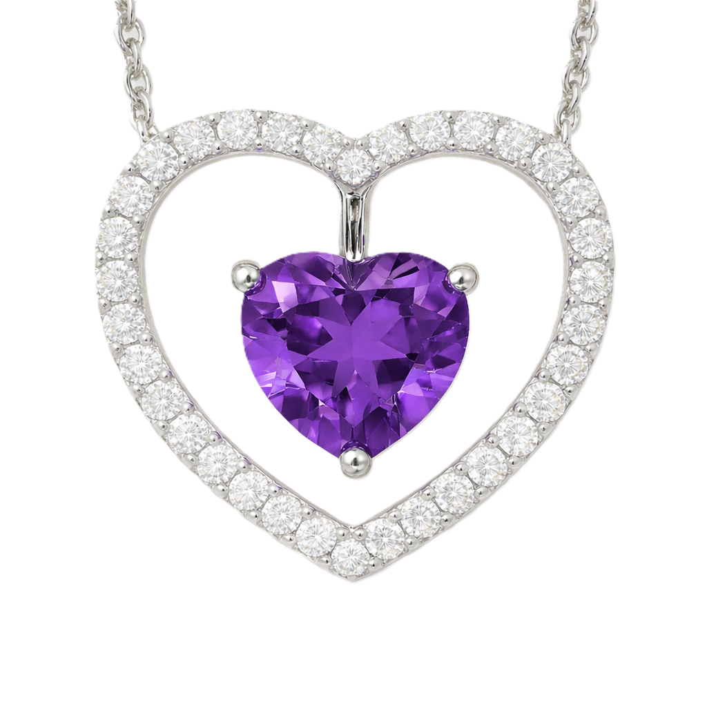 Moissanite and amethyst necklace with a 6 mm heart-cut gemstone in white gold-plated 925 silver. Rich and elegant. Available now at BSI Jewelry.