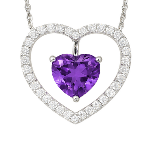 Moissanite and amethyst necklace with a 6 mm heart-cut gemstone in white gold-plated 925 silver. Rich and elegant. Available now at BSI Jewelry.