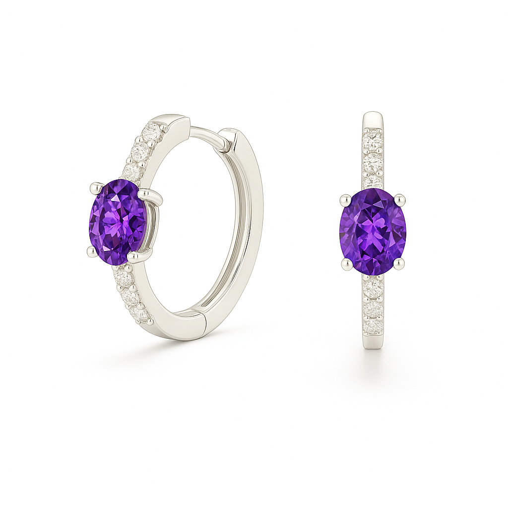 Elegant oval-cut amethyst huggie earrings in white gold-plated 925 silver with sparkling Moissanite accents for vibrant purple brilliance. Now at BSI Jewelry.