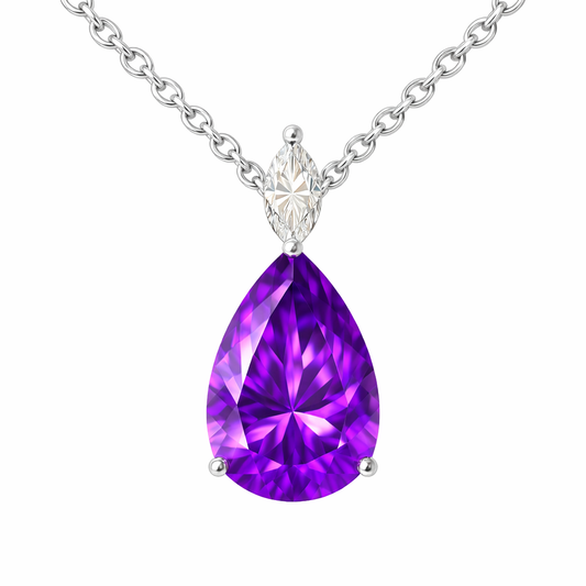 Regal 12×8mm pear-cut Amethyst necklace with marquise Moissanite accent in white-gold-plated 925 silver. Classic and refined brilliance. Available at BSI Jewelry.