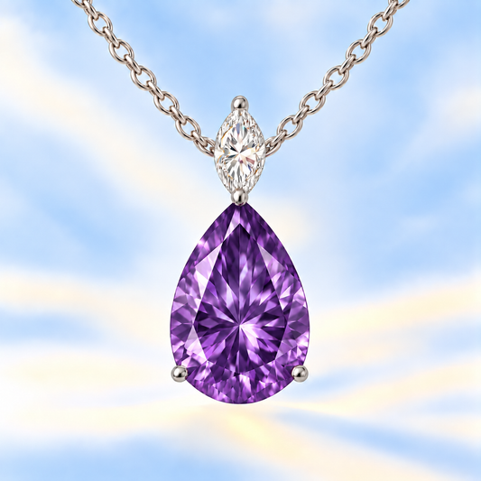 Regal 12×8mm pear-cut Amethyst necklace with marquise Moissanite accent in white-gold-plated 925 silver. Classic and refined brilliance. Available at BSI Jewelry.