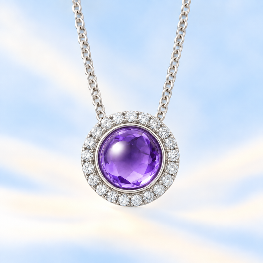 Moissanite and amethyst pendant with a 6 mm cabochon gemstone in white gold-plated 925 silver. Rich and elegant. Available now at BSI Jewelry.