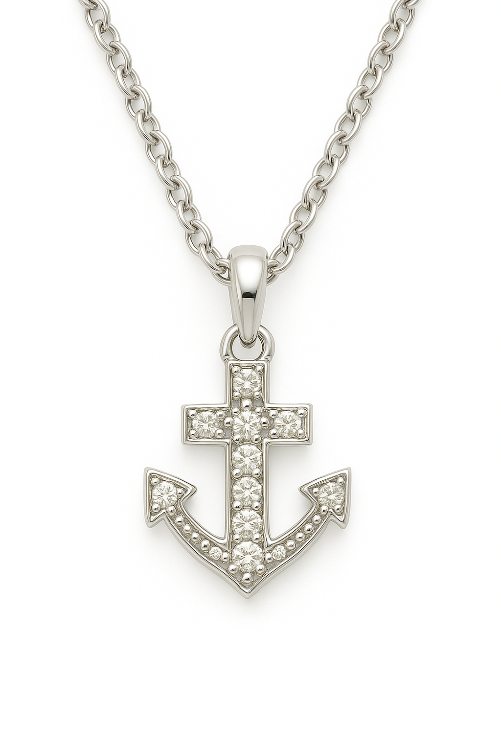 Moissanite anchor pendant in 925 silver, pavé-set for radiant brilliance. A meaningful design symbolizing strength and stability. Available now at BSI Jewelry.