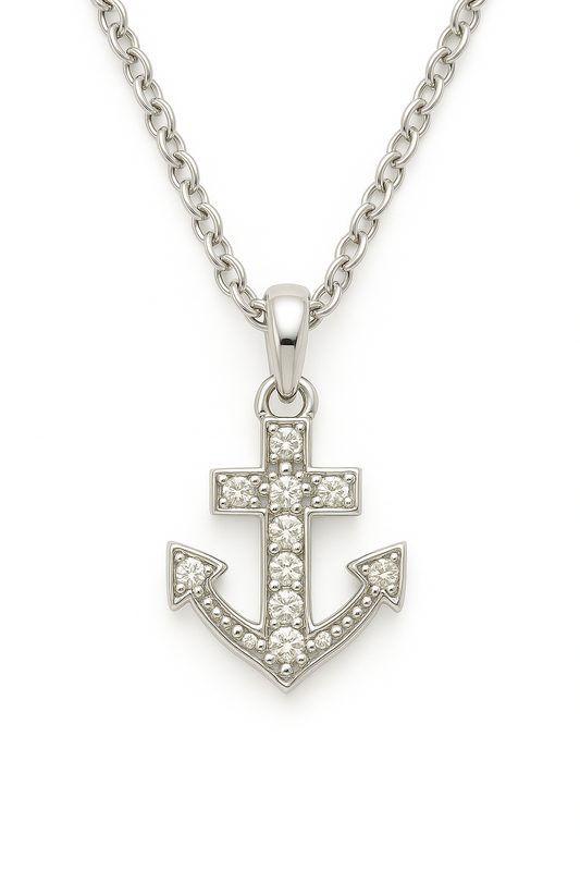 Moissanite anchor pendant in 925 silver, pavé-set for radiant brilliance. A meaningful design symbolizing strength and stability. Available now at BSI Jewelry.