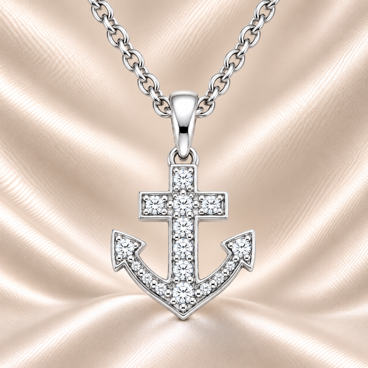 Moissanite anchor pendant in 925 silver, pavé-set for radiant brilliance. A meaningful design symbolizing strength and stability. Available now at BSI Jewelry.