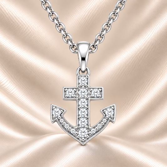 Moissanite anchor pendant in 925 silver, pavé-set for radiant brilliance. A meaningful design symbolizing strength and stability. Available now at BSI Jewelry.