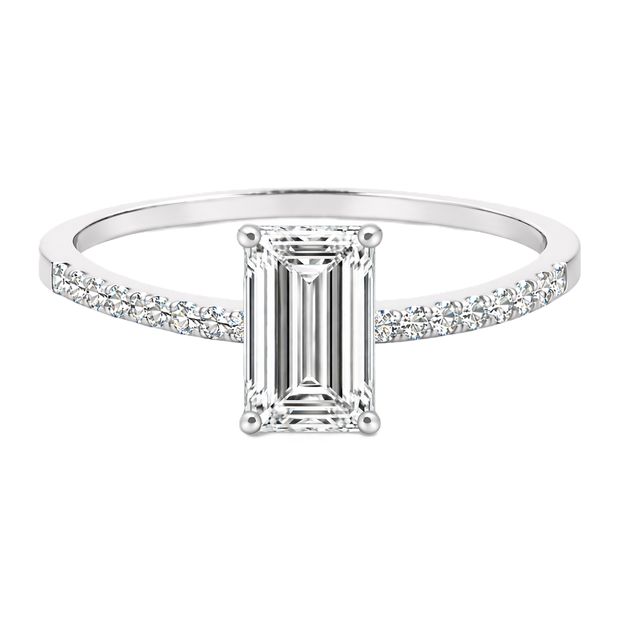 Moissanite baguette ring with a 7×5 mm baguette-cut stone, accented by moissanite in white gold-plated 925 silver. Sleek and modern. Available now at BSI Jewelry.