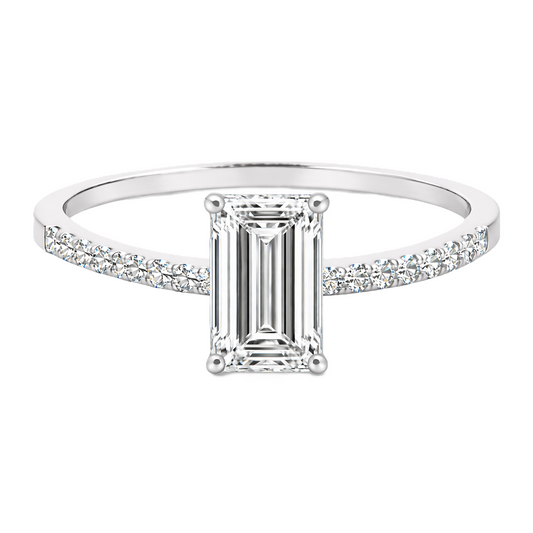 Moissanite baguette ring with a 7×5 mm baguette-cut stone, accented by moissanite in white gold-plated 925 silver. Sleek and modern. Available now at BSI Jewelry.