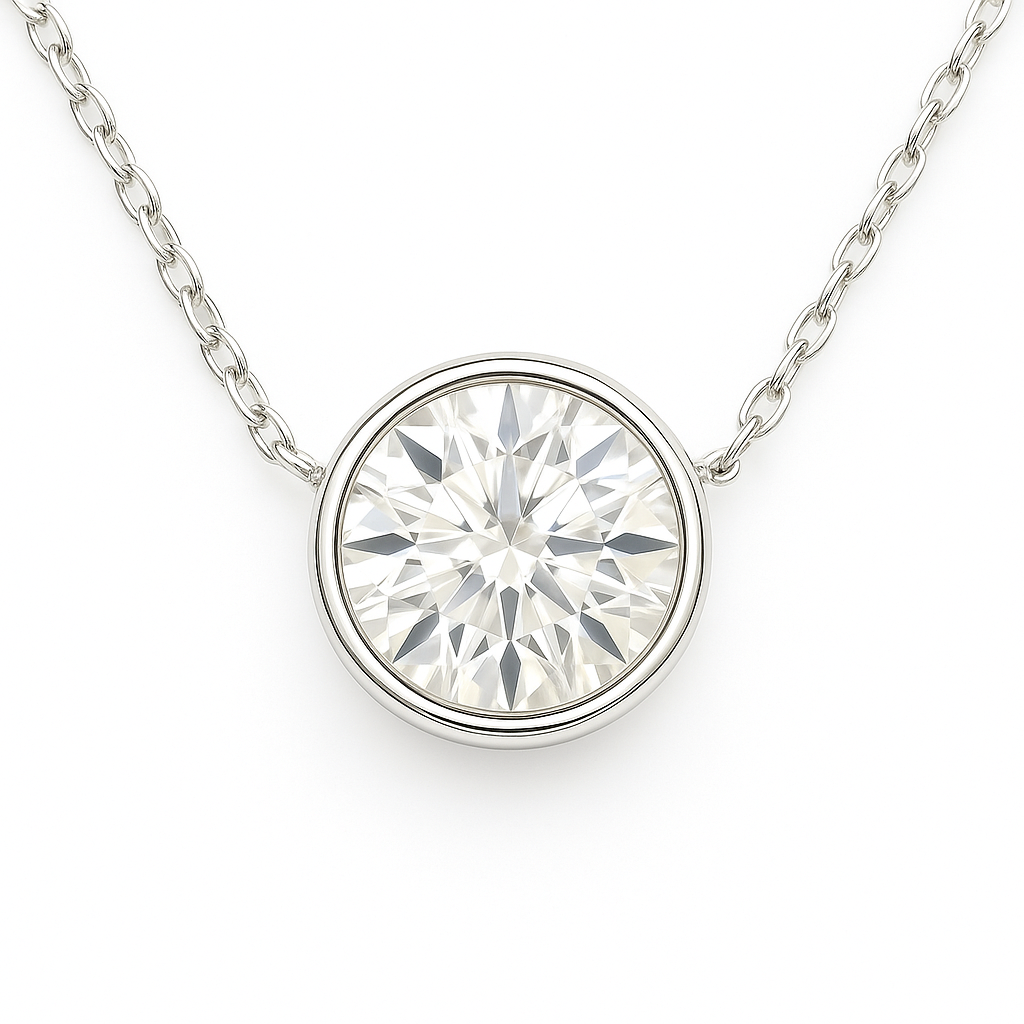 Moissanite bezel solitaire necklace in 925 silver with a 4.25mm round. Hypoallergenic, radiant, and crafted for daily elegance. Available now at BSI Jewelry.