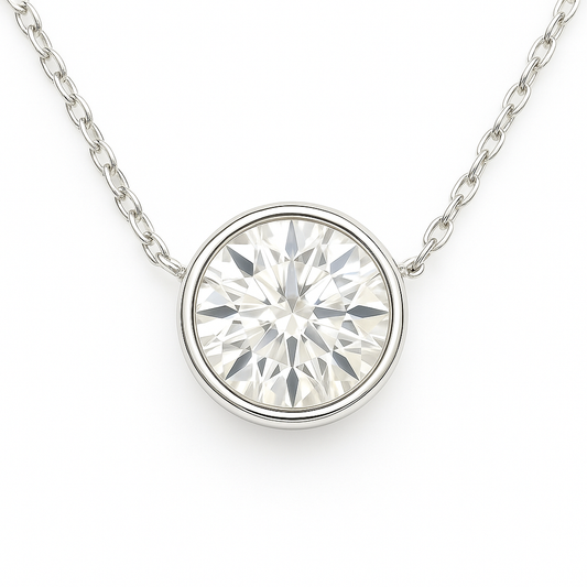 Moissanite bezel solitaire necklace in 925 silver with a 4.25mm round. Hypoallergenic, radiant, and crafted for daily elegance. Available now at BSI Jewelry.