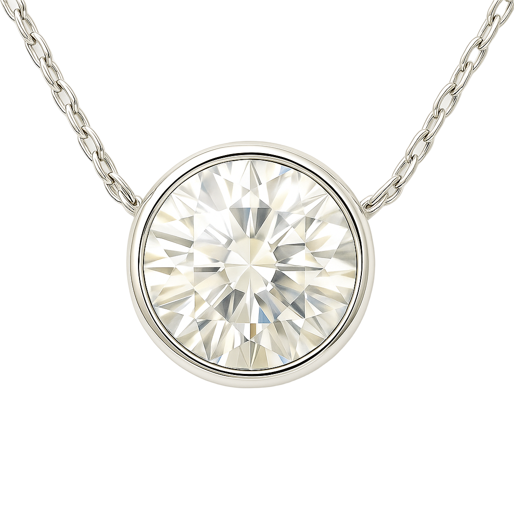 Sleek Moissanite bezel solitaire necklace in 925 silver with 6.50 mm round brilliant. Hypoallergenic, radiant, and timelessly elegant. Available at BSI Jewelry.