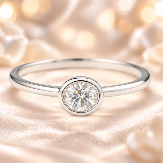 Moissanite bezel solitaire ring with a 3 mm round stone, crafted in white-gold-plated 925 silver. Elegant and timeless style. Available now at BSI Jewelry.